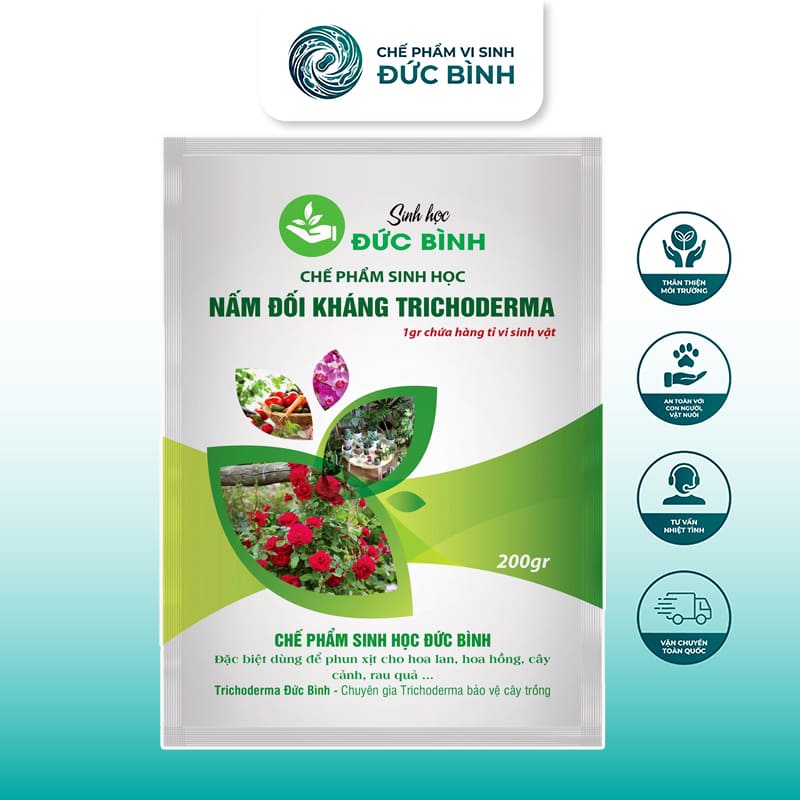 Chế phẩm trichoderma tưới cây Đức Bình cung cấp dòng nấm đối kháng trichoderma giúp cây trồng khỏe mạnh và phòng chống các bệnh về nấm hại cây hiệu quả cao